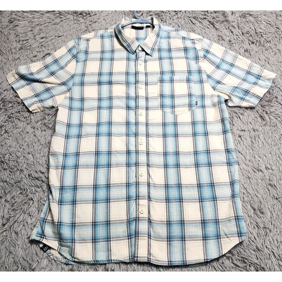 Vans Shirt Mens Size Large Button Down Blue Tan Cotton Off The Wall Skater Plaid - Picture 1 of 12